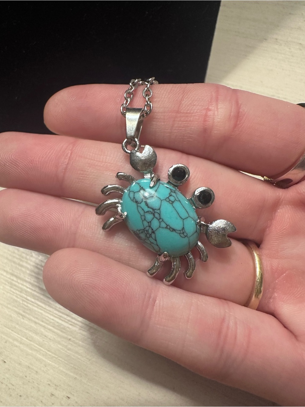 Turquoise Crab Natural Stone Pendant Stainless Steel Necklace with 2 Chains - Picture 4 of 5